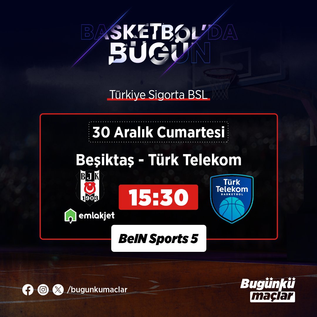 🗣️💭 Basketbol'da Bugün

▪️Türkiye Sigorta BSL

Beşiktaş  🆚 Türk Telekom 
🗓 30 Aralık Cumartesi
🕢 15.30
📺 BeIN Sports 5

#basketbol #besiktas #turktelekom #bugunkumaclar #basketball #basketboldabugun #turkiyesigorta #bsl #beinsport