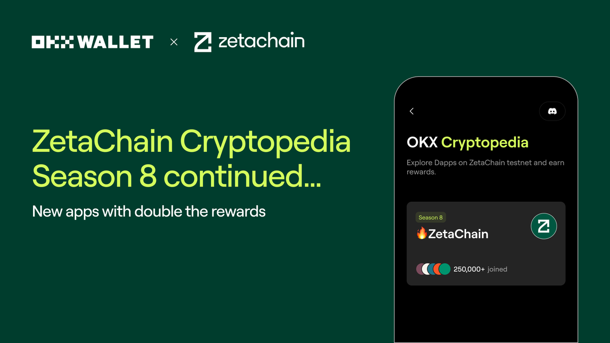 ZetaChain's tweet photo. With more than 250,000 users participating in the OKX Cryptopedia launch, we decided to double total rewards and bring on 10 new Zeta App launch partners!

Incentivized testing campaigns with the world's biggest web3 discovery platforms like OKX Wallet is a key part of helping the ecosystem prepare for mainnet launch. Stay tuned for other exciting programs in development.