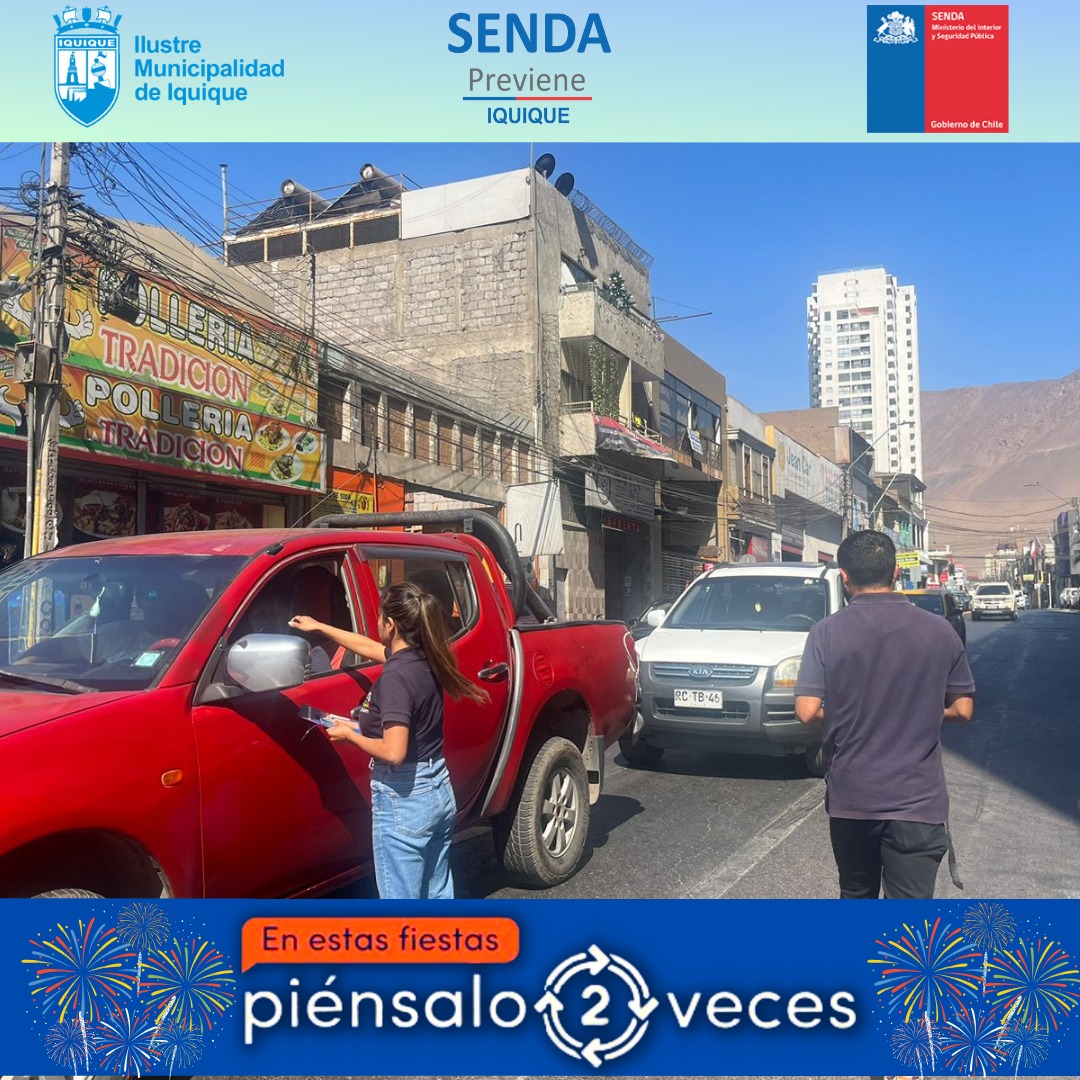 Senda_Tarapaca's tweet photo. 📍El equipo @previene_iqq se desplegó en el centro de la ciudad de #Iquique para realizar campaña de difusión: en estas fiestas Piénsalo2Veces antes de manejar si has realizado consumos. Reforzando el llamado a la importancia de la prevención en la ciudadanía.

#SendaesPrevención https://t.co/dFEkMCBDtv