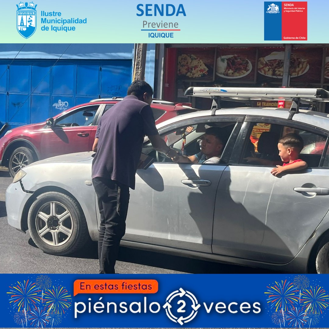 Senda_Tarapaca's tweet photo. 📍El equipo @previene_iqq se desplegó en el centro de la ciudad de #Iquique para realizar campaña de difusión: en estas fiestas Piénsalo2Veces antes de manejar si has realizado consumos. Reforzando el llamado a la importancia de la prevención en la ciudadanía.

#SendaesPrevención https://t.co/dFEkMCBDtv