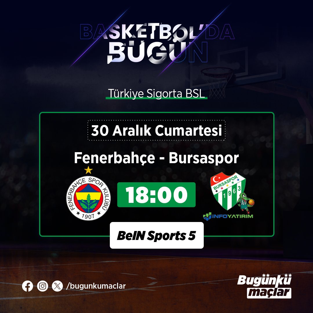 🗣️💭 Basketbol'da Bugün

▪️Türkiye Sigorta BSL

Fenerbahçe 🆚 Bursaspor  
🗓 30 Aralık Cumartesi
🕢 18.00
📺 BeIN Sports 5

#basketbol #fenerbahce #bursaspor #bugunkumaclar #basketball #basketboldabugun #turkiyesigorta #bsl #beinsport