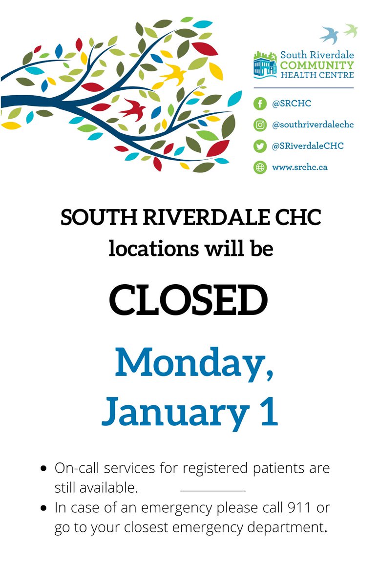 All SRCHC locations will be closed on Monday, January 1, 2024. For urgent care on-call services registered clinical patients may call 416-461-2493.