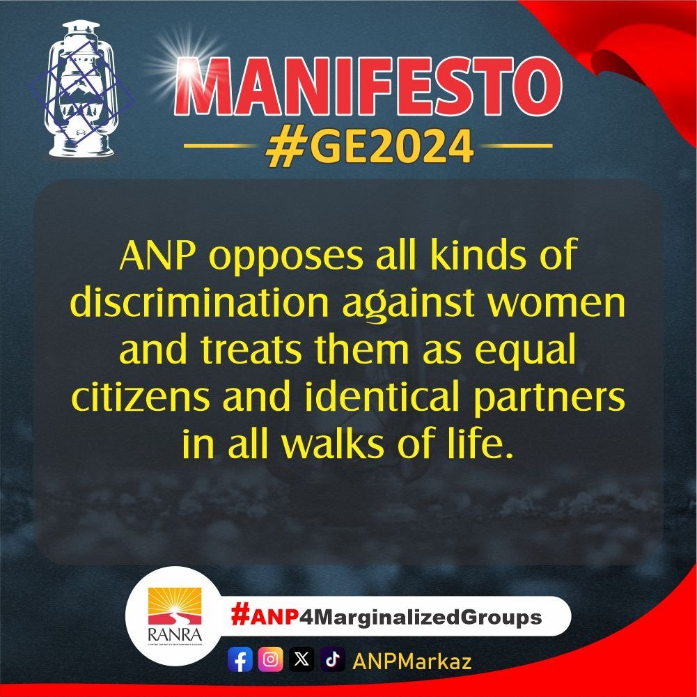 HaiderHotiANP's tweet photo. ANP, under the principles of its manifesto 'Ranra,' staunchly opposes all discrimination against women, advocating for equal citizenship and recognizing them as identical partners in every facet of life. Let's stand united against discrimination. #ANP4MarginalizedGroups https://t.co/xV8U7RJq2a