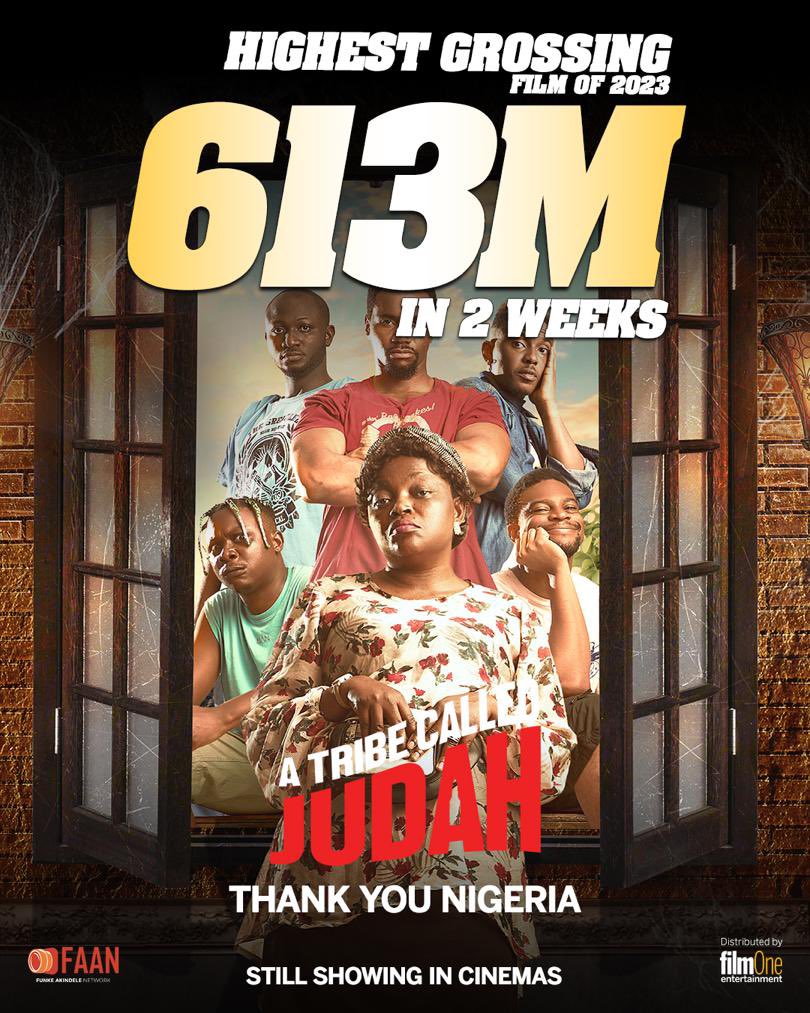 In just 2 weeks, #ATribeCalledJudah has become the highest-grossing Nollywood film of 2023! 🚀 It has generated ₦613M in box office revenue and will surely overtake “Battle on Buka Street”, the highest-grossing ever at ₦668M. Shout out to @FunkeAkindele and @filmoneng. 🙌🏾