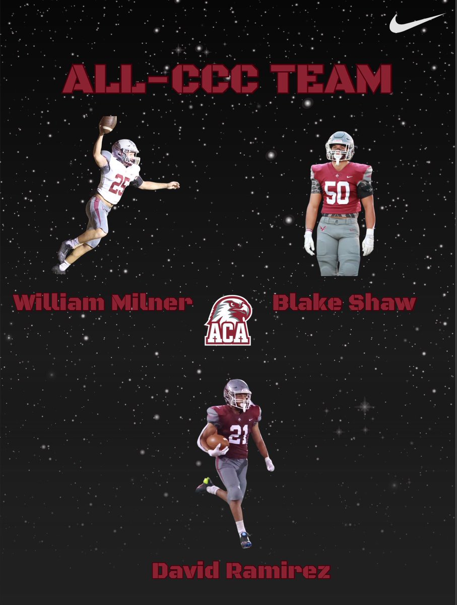 ACA Football (@acaeaglesfball) on Twitter photo 🚨Congratulations to <a href="/WilliamMilner25/">William Milner</a> , <a href="/BlakeSh93653925/">Blake Shaw</a> and David Ramirez for make the All-Capital City Conference Team! #Elevate
<a href="/CoachMichaelSu1/">Coach Michael Summers</a> <a href="/CoachDockins/">JL Dockins</a> 🚨Congratulations to <a href="/WilliamMilner25/">William Milner</a> , <a href="/BlakeSh93653925/">Blake Shaw</a> and David Ramirez for make the All-Capital City Conference Team! #Elevate
<a href="/CoachMichaelSu1/">Coach Michael Summers</a> <a href="/CoachDockins/">JL Dockins</a>