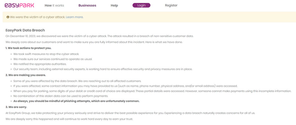 EasyPark, the parking app used for example in Prague CZ (EasyPark acquired MPLA, the CZ parking app, some users have already migrated) and other 2000+ cities, was hacked &amp; leaked customer data like email addrs, names, phone#, last4 digits of a payment card easypark.cz/comm/en