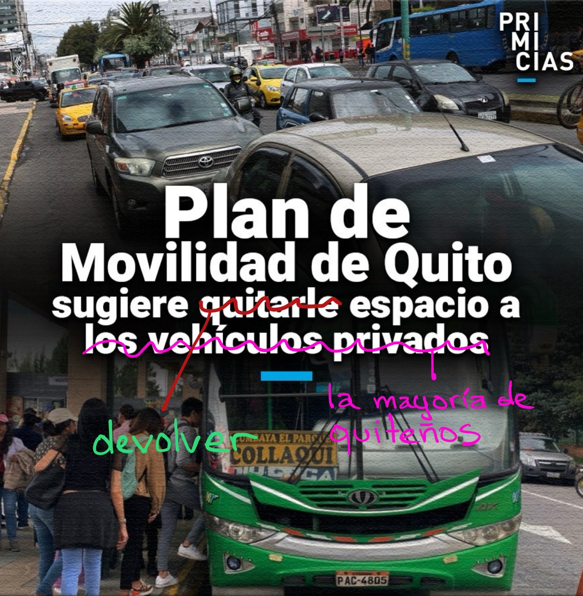 santiak's tweet photo. Una ayuda editorial a @Primicias 
El plan de movilidad plantea recuperar espacio para la mayoría de quiteños, aquellos que NO usan vehículo privado
Su mismo reportaje lo dice: solo 19% usa transporte privado
 ¿A quién damos prioridad?