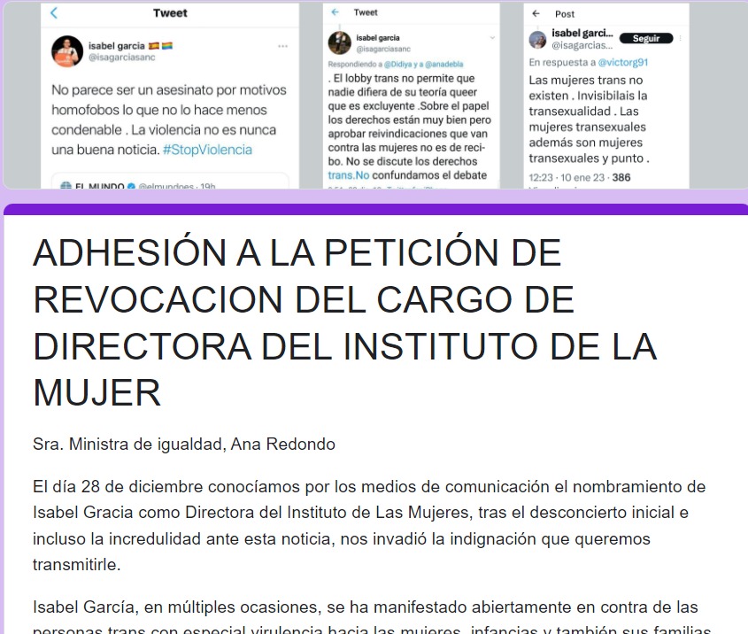PlataformaTrans's tweet photo. ‼️ #AnaRedondo no puede obviar la trayectoria anti-derechos de #IsabelGarcía ‼️

✍🏼 Firma y comparte esta carta a la #MinistradeIgualdad

https://t.co/6GoeIPjnK3

🏳️‍⚧️🏳️‍🌈⚧️🏳️‍⚧️🏳️‍🌈⚧️🏳️‍⚧️🏳️‍🌈⚧️🏳️‍⚧️🏳️‍🌈⚧️

#DerechosTransSonDDHH
#NoEnMiNombre
#Transfeministas
#FamiliasEnLucha https://t.co/PM2dYb84A3