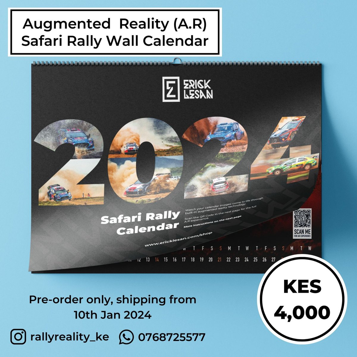 erick_lesan's tweet photo. Guys, you remember when I shot WRC earlier this year? Well, I created something cool with the images🤩

Presenting the 2024 Safari Rally, Augmented Reality Calendars. 
It comes in two versions, A5 desk calendar &amp; A2 wall calendar.

Please RT &amp; Order via: 
https://t.co/Qaz8ndzVXk https://t.co/RLq4FJ5haQ
