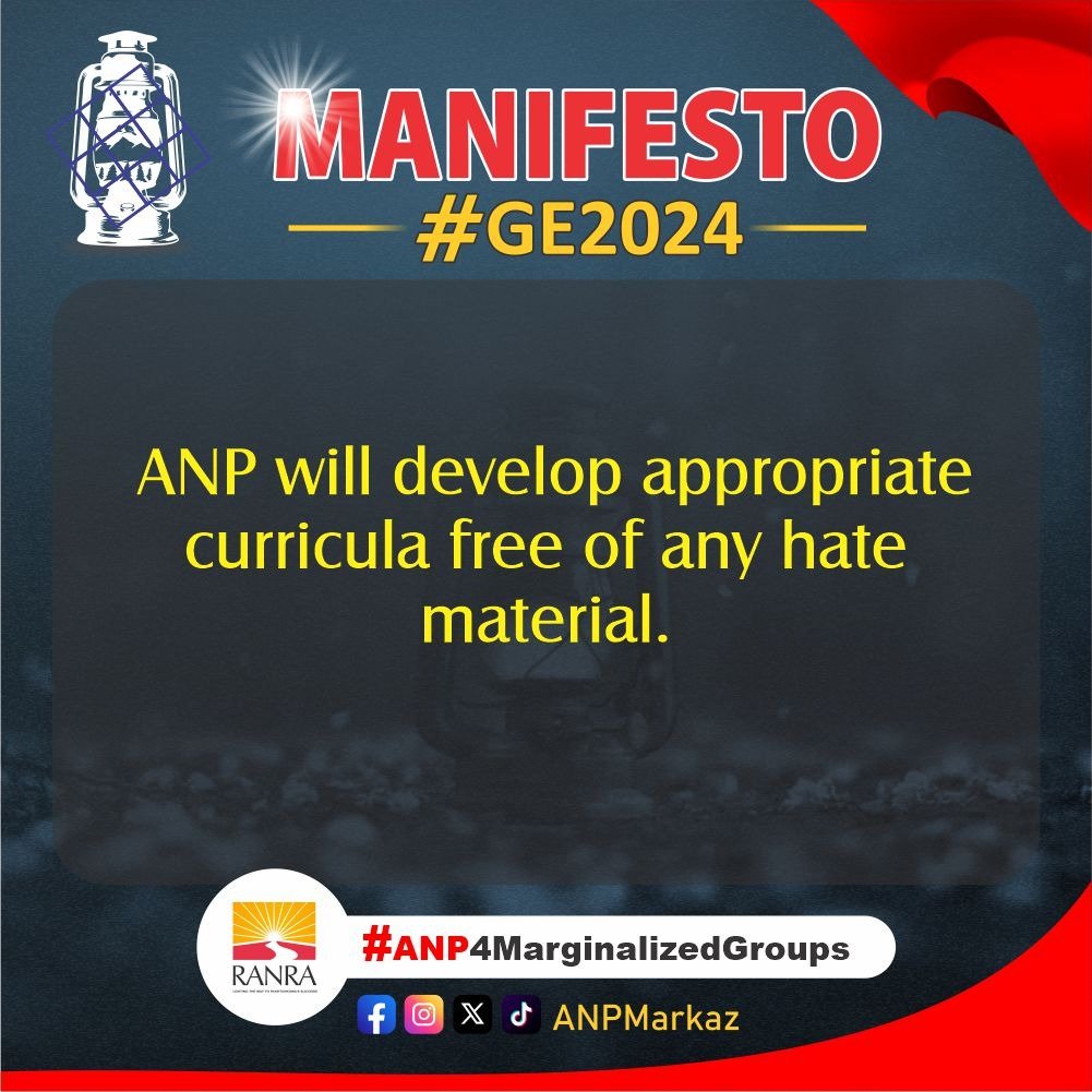 ANPMarkaz's tweet photo. ANP, guided by 'Ranra,' will develop appropriate curricula free of any hate material. Let's foster an educational environment that promotes tolerance, understanding, and inclusivity for a harmonious society. #ANP4MarginalizedGroups https://t.co/ZiihlJaehE