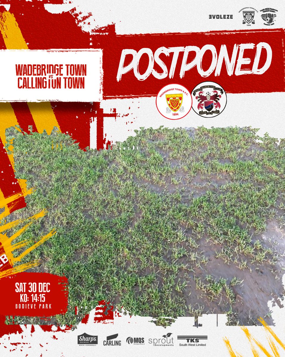 WadebridgeTown's tweet photo. #GameOff | Unfortunately the #1stTeam and #PastyMen have been beaten by #StormGerrit
π Home to @CallyTownFC
π @swpleague
π
Saturday 30/12/23
π PISTPONED
#utbb #OurClubIsYourClub #wadebridge
@swsportsnews @KJMsport57 @sportscornwall @Cornishfootball @evoleze https://t.co/PMlS6gmUDZ