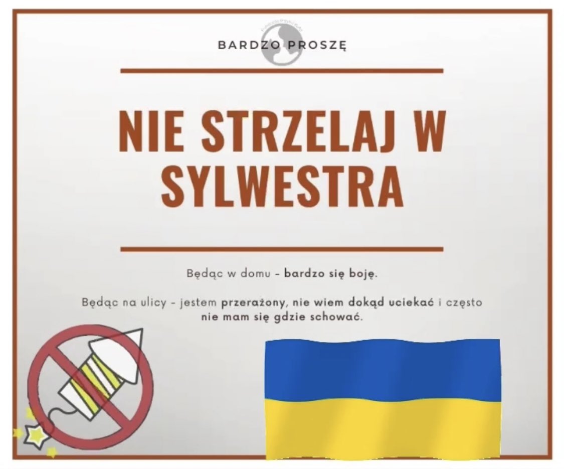 WokePolska's tweet photo. NIE STRZELAJ W SYLWESTRA, NIE STRASZ UKRAIŃCÓW❗️🇺🇦

Bomby, rakiety, granaty… właśnie przed takimi dźwiękami miliony obywateli Ukrainy uciekło do Polski. Dźwięk fajerwerków może przywrócić najgorsze wspomnienia osobom uchodźczym… dlatego prosimy i apelujemy! 👇🏻 https://t.co/F5cy0JdY2C