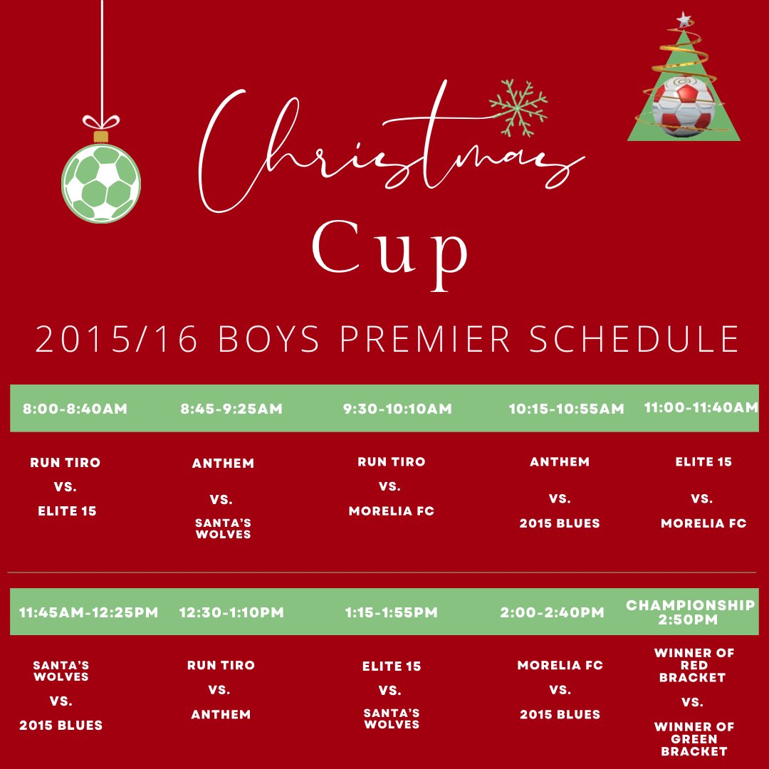 TTChristmasCup's tweet photo. Day 5 has the 2015/16B Premier and Silver Divisions competing on the small field. The 2010B &amp; 2013G are on the big field #christmascup #day5 https://t.co/8DTzMnk7su