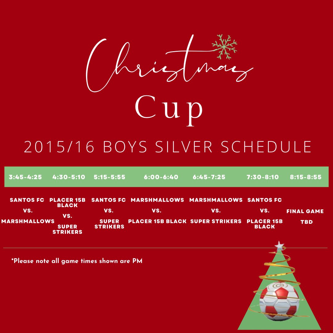TTChristmasCup's tweet photo. Day 5 has the 2015/16B Premier and Silver Divisions competing on the small field. The 2010B &amp; 2013G are on the big field #christmascup #day5 https://t.co/8DTzMnk7su