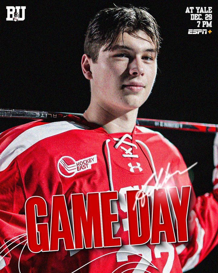 Game day graphic featuring posed photo of Aiden Celebrini. BU at Yale, Dec. 29, 7 PM on ESPN+