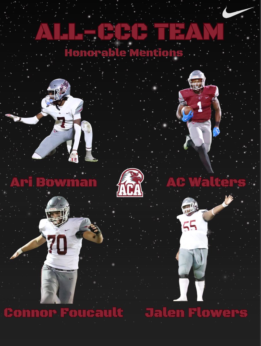ACA Football (@acaeaglesfball) on Twitter photo 🚨Congratulations to Ari Bowman, AC Walters, Connor Foucault, and Jalen Flowers for being selected as Honorable Mentions for the All-Capital City Conference Team! #Elevate <a href="/CoachMichaelSu1/">Coach Michael Summers</a> <a href="/CoachDockins/">JL Dockins</a> 🚨Congratulations to Ari Bowman, AC Walters, Connor Foucault, and Jalen Flowers for being selected as Honorable Mentions for the All-Capital City Conference Team! #Elevate <a href="/CoachMichaelSu1/">Coach Michael Summers</a> <a href="/CoachDockins/">JL Dockins</a>