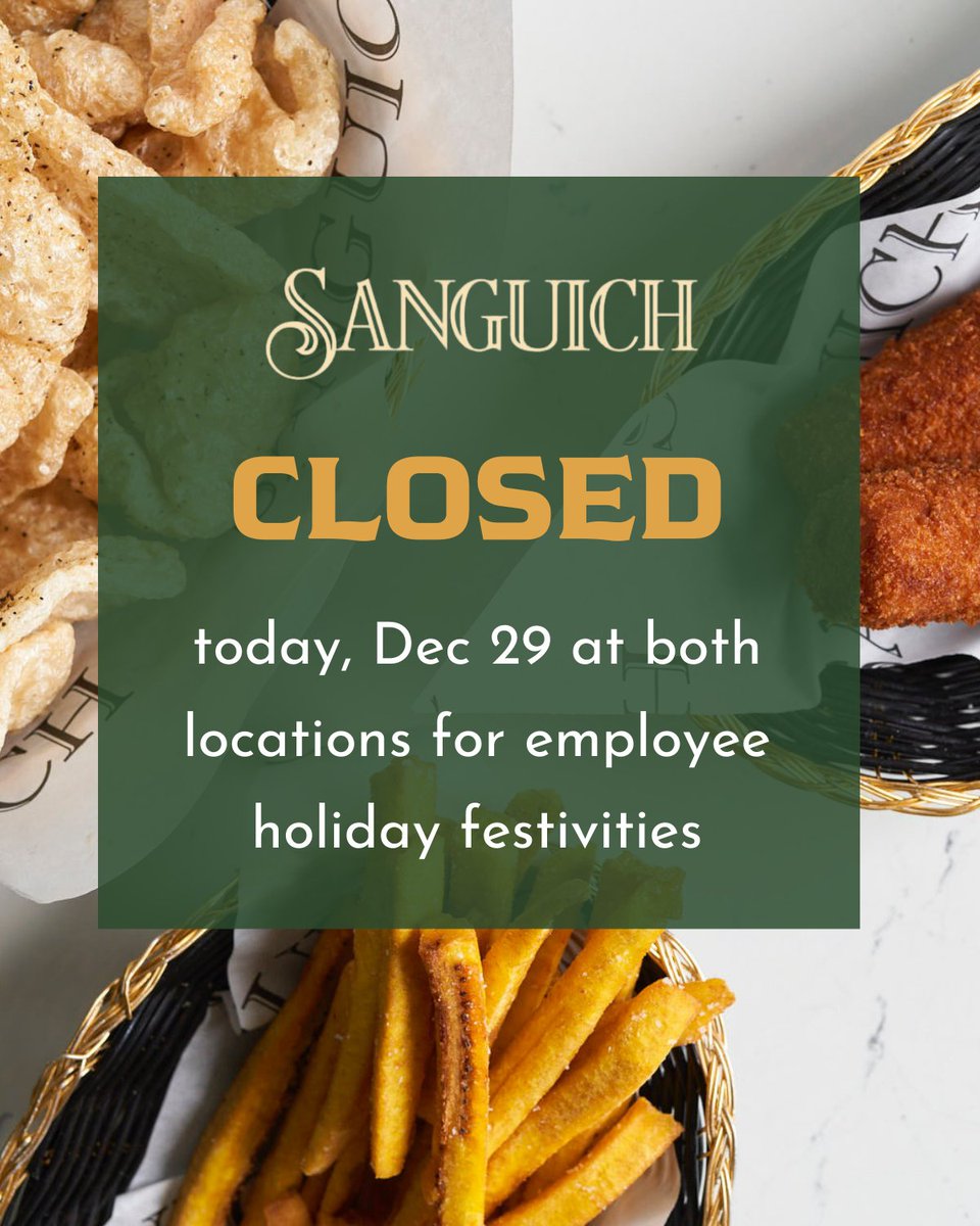 Buenos dias familia! Please note que estamos CLOSED today for our annual employee holiday festivities. We will be back open regular hours mañana.