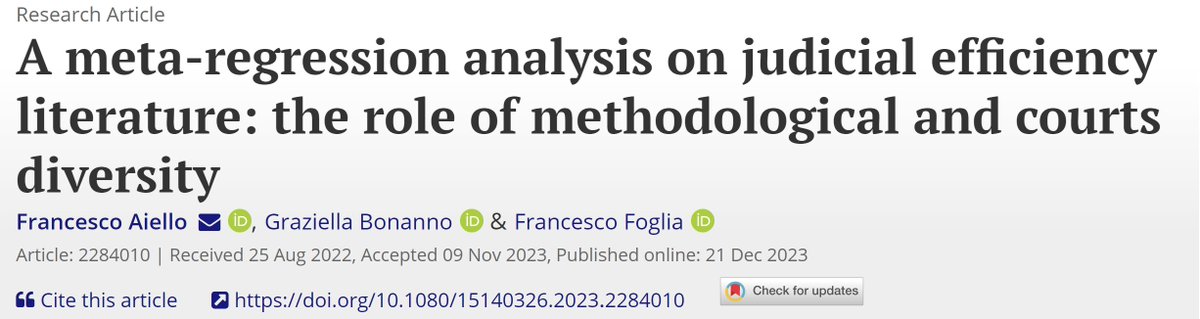 Excited to share the paper "An MRA on judicial efficiency literature: the role of methodological and courts diversity", just published in the Journal of Applied Economics <a href="/tandfonline/">Taylor & Francis Research Insights</a> (with <a href="/grabonanno/">Graziella Bonanno</a> <a href="/fogliafrancesco/">Francesco Foglia 🇪🇺</a>) tandfonline.com/doi/full/10.10… #Research #NewPaper #econtwitter