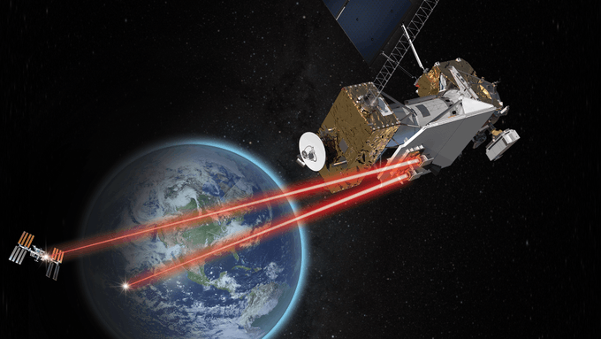Artistic rendering. The International Space Station is seen floating above the Earth’s surface in front of a blue starry background. A red beam of light is shown coming out of the space station to represent laser communications. The beam of light connects to a second spacecraft, LCRD, located in the upper right side of the image. A second read beam is seen coming out of the LCRD, connecting to a pop-up graphic of an optical ground station next to the Earth’s surface. 