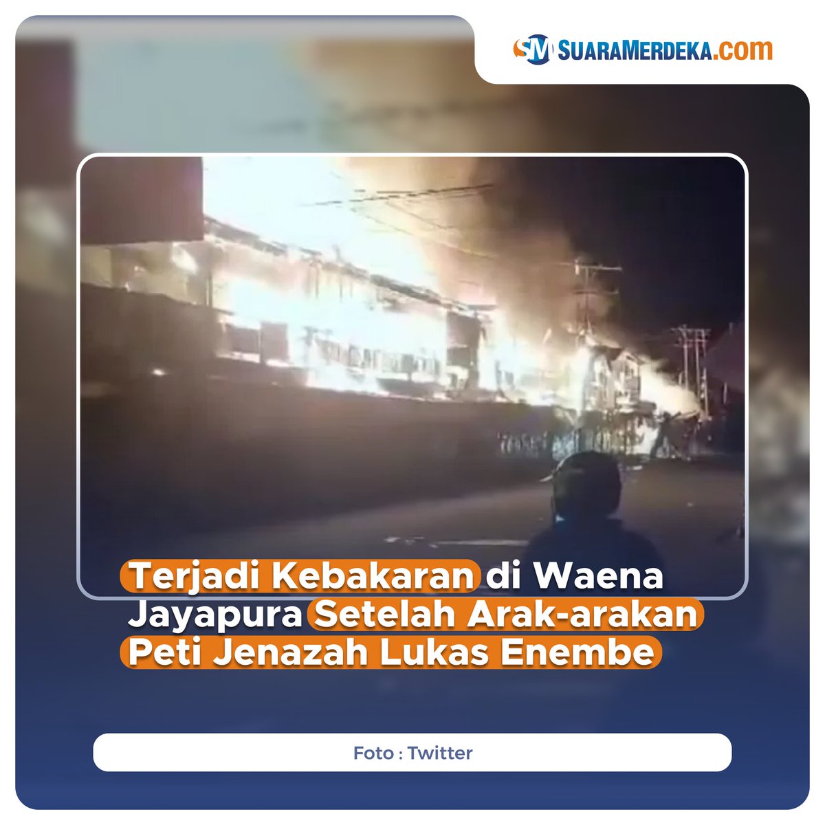 suaramerdeka's tweet photo. Kebakaran terjadi di kelurahan Waena, Distrik Heram, Kota Jayapura pada Kamis sore, 28 Desember 2023.
https://t.co/R6sJlGGUnP
#suaramerdeka #suaramerdekacom #promedia #kebakaran #waena #jayapura #arakarakan #jenazah #lukasenembe https://t.co/Cd3qdQ774e