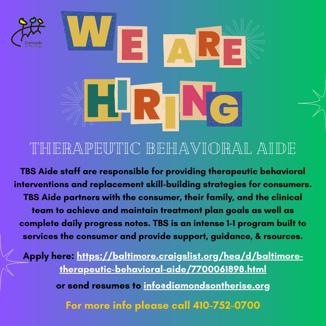 We're hiring! We're looking for employees who are team players, diligent, and resourceful! Resumes and cover letters can be sent to info@diamondsontherise.org as well.
.
.
#jobsnearme #baltimore #baltimorejobs #baltimoremd #marylandjobs #hiring #mentalhealth #therapeutic #dotr