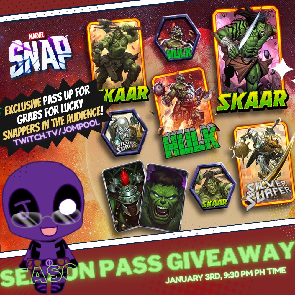 jompool_tv's tweet photo. 🎉 #MarvelSnap 2X SEASON PASS #Giveaway 🥳

To Enter:
•LIKE &amp; REPOST👍🏼 
•FOLLOW me on X 🫣
•SHARE a SCREENSHOT of your fave deck

WINNERS ANNOUNCEMENT: JAN 3, 930 PM PH time LIVE on Twitch!🎥 https://t.co/KODUsH8xfv

EXCLUSIVE pass up for grabs for snappers in the audience! 📺 https://t.co/oqH0jfYReA