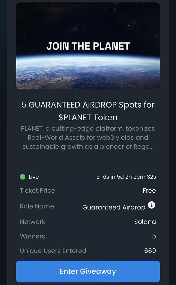 PlanetReFi's tweet photo. 🎉 Feeling lucky? Our Atlas raffle is live—win guaranteed $PLANET airdrop spots! ✨ 
Take your chance and click the link now:
https://t.co/lnr32mpJ7H

Join Discord for More Updates:
https://t.co/TVdgH1hU5v https://t.co/FbFivKJeik