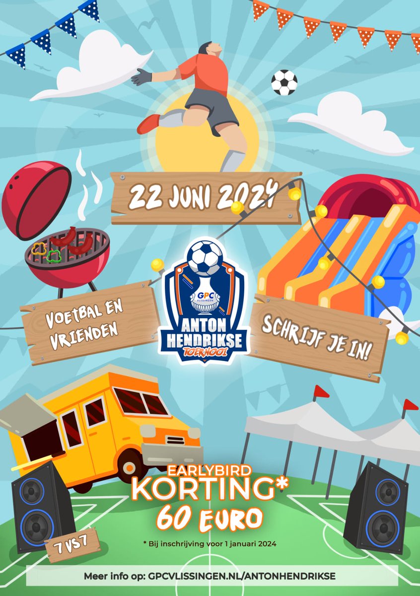 Let op: je hebt nog maar een paar dagen om in te schrijven met korting voor het leukste festivaltoernooi van de regio: het Anton Hendrikse Toernooi. 
Earlybirdkorting: voor 1 januari inschrijven is slechts 60 euro per team betalen!

forms.gle/inS1J3zkNJq8vM…