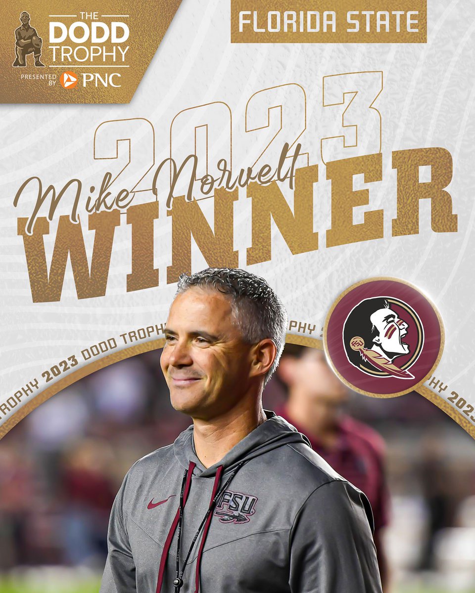 Presenting our 2023 Dodd Trophy Coach of the Year… Mike Norvell! 🏆 Congratulations to Coach Norvell and @FSUFootball! 🍢 📰: bit.ly/48do8pD #DoddTrophy | Presented by @PNCBank