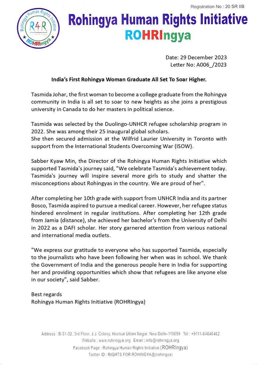 India’s First #Rohingya Woman Graduate All Set To Soar Higher.

Tasmida Johar, the first woman to become a college graduate from the Rohingya community in India is all set to soar to new heights as she joins a prestigious #university in #Canada to do her masters in political