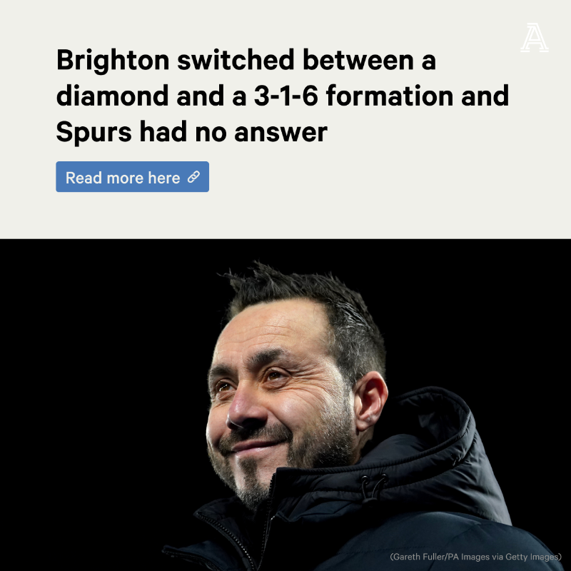 TheAthleticFC's tweet photo. Brighton's four-goal blitz against Tottenham was made possible by Roberto De Zerbi's side switching between a diamond and a 3-1-6 formation — depending on whether they had the ball or not.

#BHAFC stuck to this plan perfectly, leaving #THFC with no answers.

@Zonal_Marking ⬇️