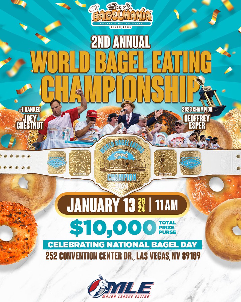 🥯🏆 The Battle of the Bagels is BACK!!!
🎉 Will Joey Chestnut dethrone the reigning champion, Geoff Esper, in our 2nd Annual Siegel’s Bagelmania’s World Bagel Eating Championship? 
🥯👑 Be there to witness history in the making – Who will take home the belt?!?!