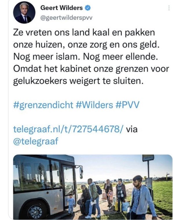 Dit tweette Geert Wilders bijna twee jaar geleden: dehumaniseren van asielzoekers, moslims als groep stigmatiseren en als zondebok neerzetten voor maatschappelijke problemen. Het  is naïef te denken dat racisme niet heeft bijgedragen aan het succes van dit PVV frame.