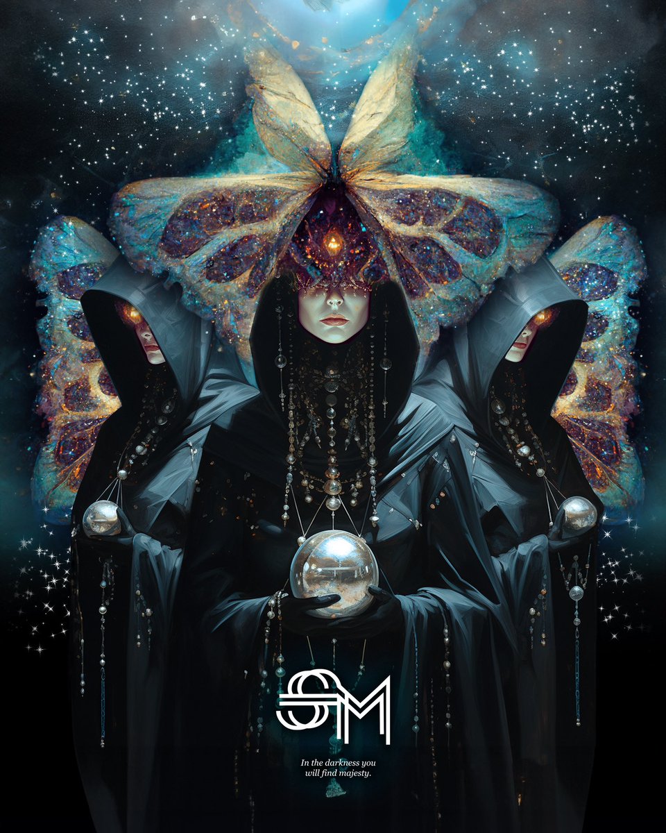 The Trinity – Three astral entities, robed in the glow of transformation, stand before us. They are the embodiment of life’s constants — change, growth, rebirth. In the stillness of the cosmos’ embrace, they teach us to move with purpose, accepting the end of cycles, making room