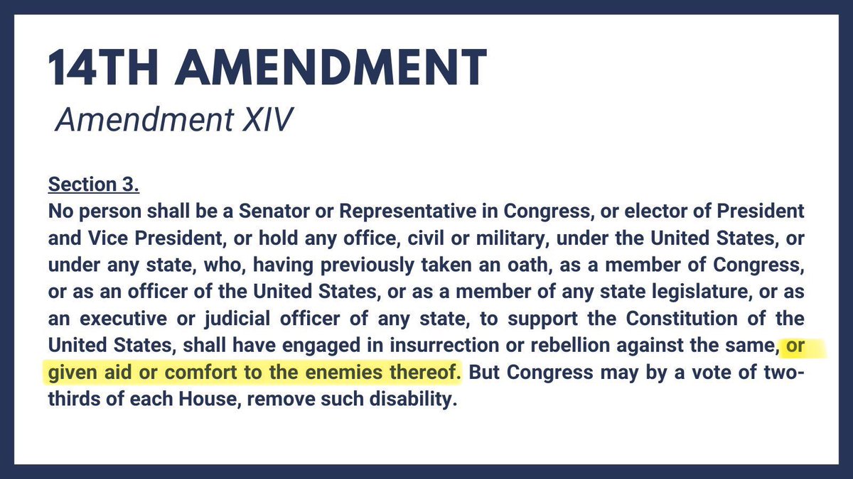 joncoopertweets's tweet photo. All the pundits spending endless time debating whether Trump literally committed insurrection conveniently forget the “or given aid or comfort” part of the 14th amendment. Trump is guilty of both, but at least don’t forget about the second part. 

It’s insane how many people who are nitpicking over whether there should be a comma or a semicolon or a dash somehow think their life wouldn’t be far worse under a Trump dictatorship — much less lose their jobs and homes, or be in exile, internment camps, prison or even dead.