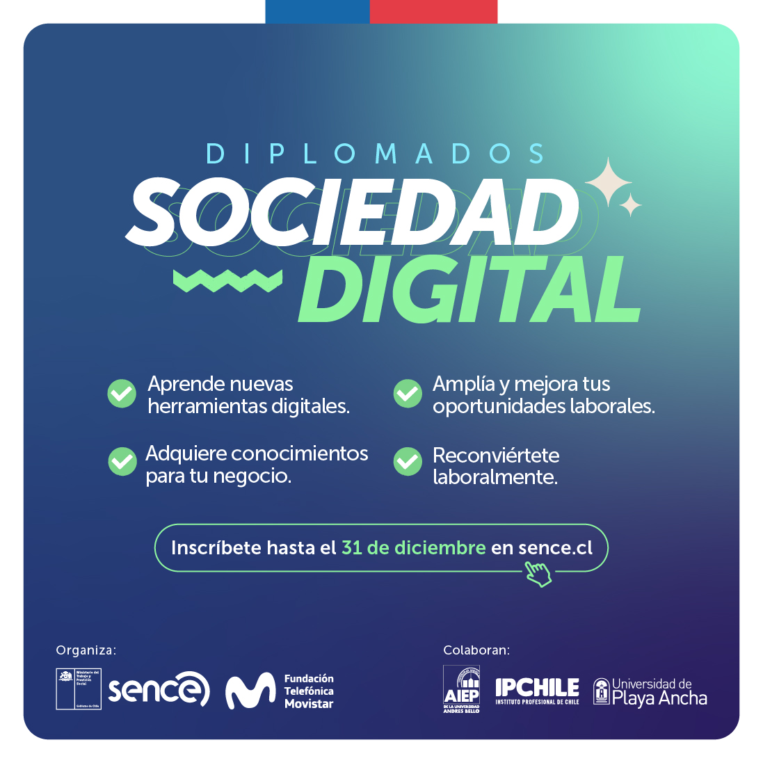 ¡Últimos días para inscribirte en los Diplomados de Sociedad Digital! 

Online y gratuitos para todas y todos!

Inscripciones sólo hasta el 31 de diciembre 2023. Puedes finalizar los diplomados hasta el 15 de marzo de 2024.

Inscríbete en: bit.ly/3RP50bZ