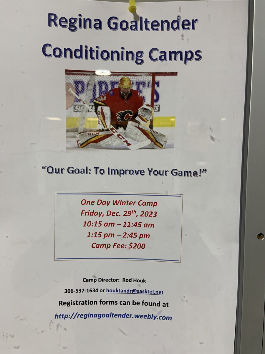 Another winter camp set to go for the Regina Goaltender Camp!
2024 Summer and Fall Camps filling quickly.  For more information please see 
reginagoaltender.weekly.com