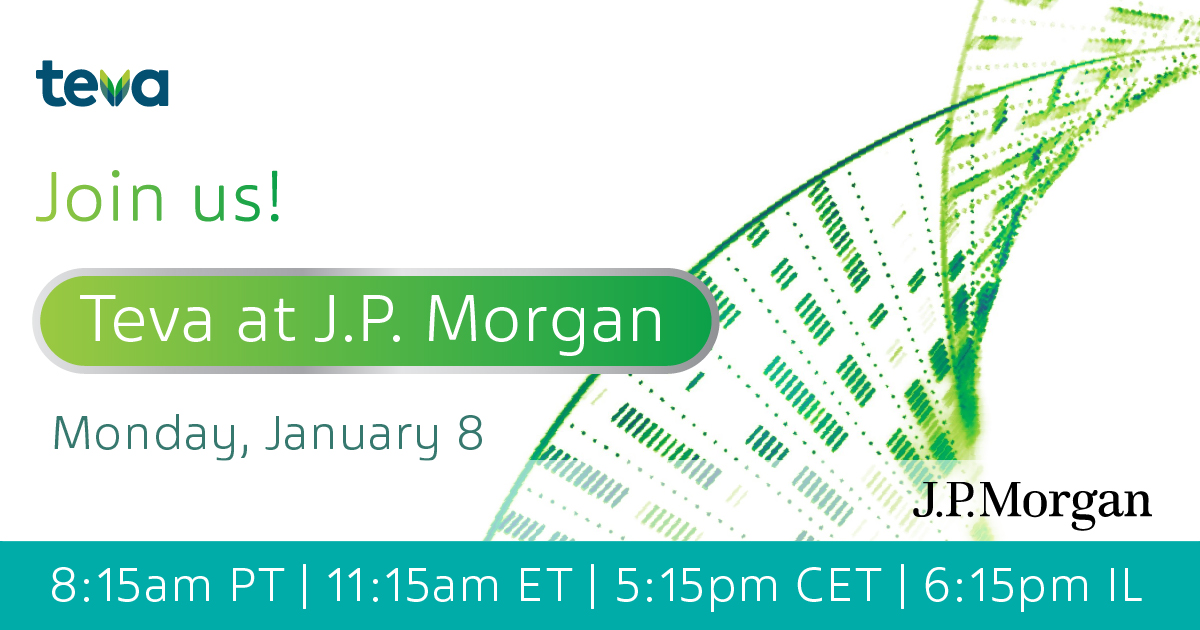 TevaUSA's tweet photo. We're coming to #JPM2024!
Tune in live on Monday, Jan 8, at 8:15am PT, as Teva CEO Richard Francis and the leadership team will discuss Teva's #PivotToGrowth strategy, business performance, and plans ahead.
Tune in here: https://t.co/4L6EoZkIXt
#JPM #Tevapharm https://t.co/cPv8IuWZmK