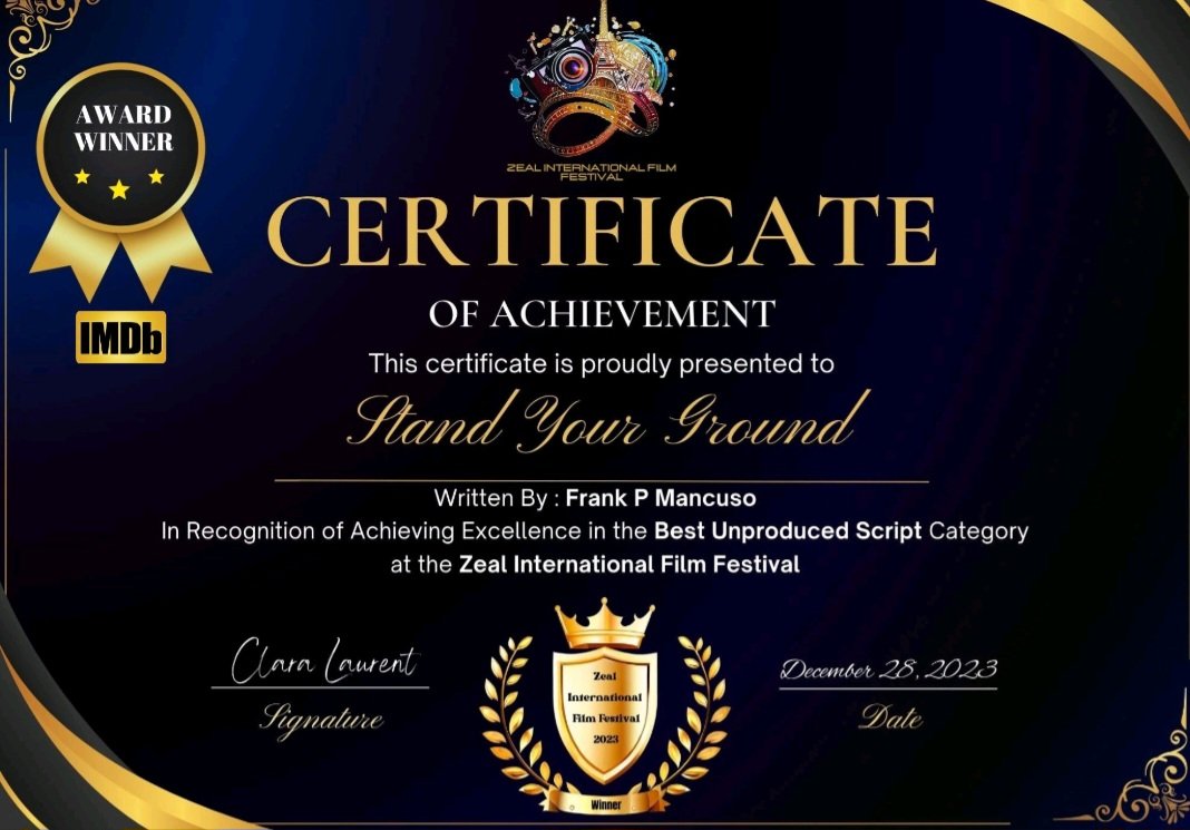 Wraiths17102774's tweet photo. Just received my Certificate Award from @Zealiff for Best unproduced script Stand your Ground https://t.co/SIQyd5Xh5b