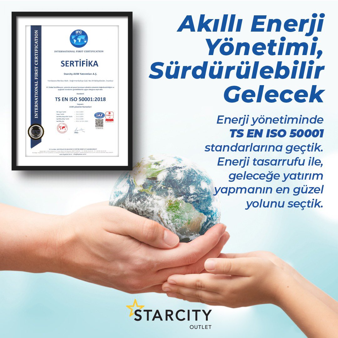 Starcity Outlet olarak enerji yönetiminde TS EN ISO 50001 standardına geçtik! 🍀 Sürdürülebilir bir gelecek için hep birlikte ilerliyoruz. 💚🌍 #EnerjiVerimliliği #SürdürülebilirGelecek #ISO50001 #starcityoutlet