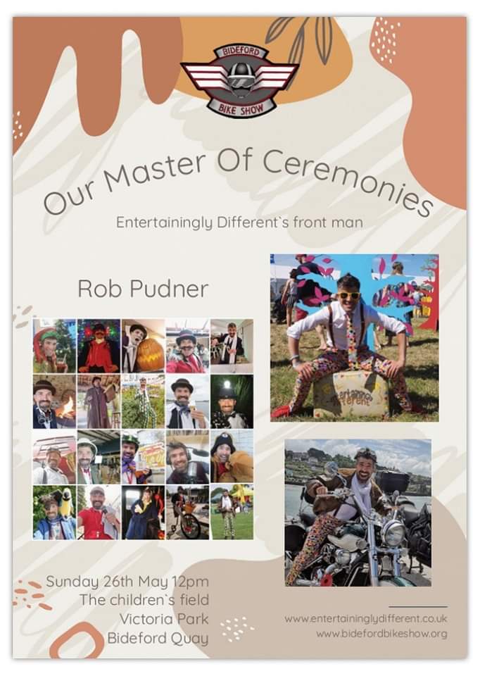 Bideford Bike Show ®/Bideford Bike Nights (@bidefordbiker) on Twitter photo Following his success Entertainingly Different's front man Rob Pudner makes a welcome return in 2024 as our master of ceremonies for proceedings in Victoria Park.
Find him in the children's field Victoria park from 12 - 5pm 😊
Sunday 26th May 2024.
<a href="/EntertaininglyD/">Rob Pudner</a> <a href="/BidefordTc/">Bideford-TC</a> Following his success Entertainingly Different's front man Rob Pudner makes a welcome return in 2024 as our master of ceremonies for proceedings in Victoria Park.
Find him in the children's field Victoria park from 12 - 5pm 😊
Sunday 26th May 2024.
<a href="/EntertaininglyD/">Rob Pudner</a> <a href="/BidefordTc/">Bideford-TC</a>