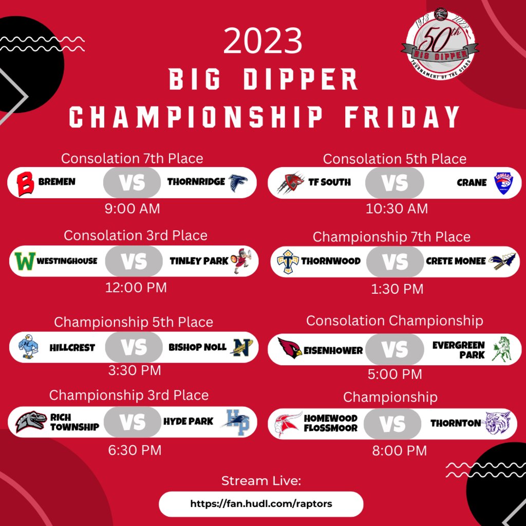Exciting matchups for the Big Dipper Championship! Rematch from the 2022 3rd place game between Rich Township and Hyde Park @6:30PM. Can Thornton capture their 11th title or will the newcomers, Homewood Flossmoor walk away with the trophy?! Don't miss it, @8:00PM #Dipper50