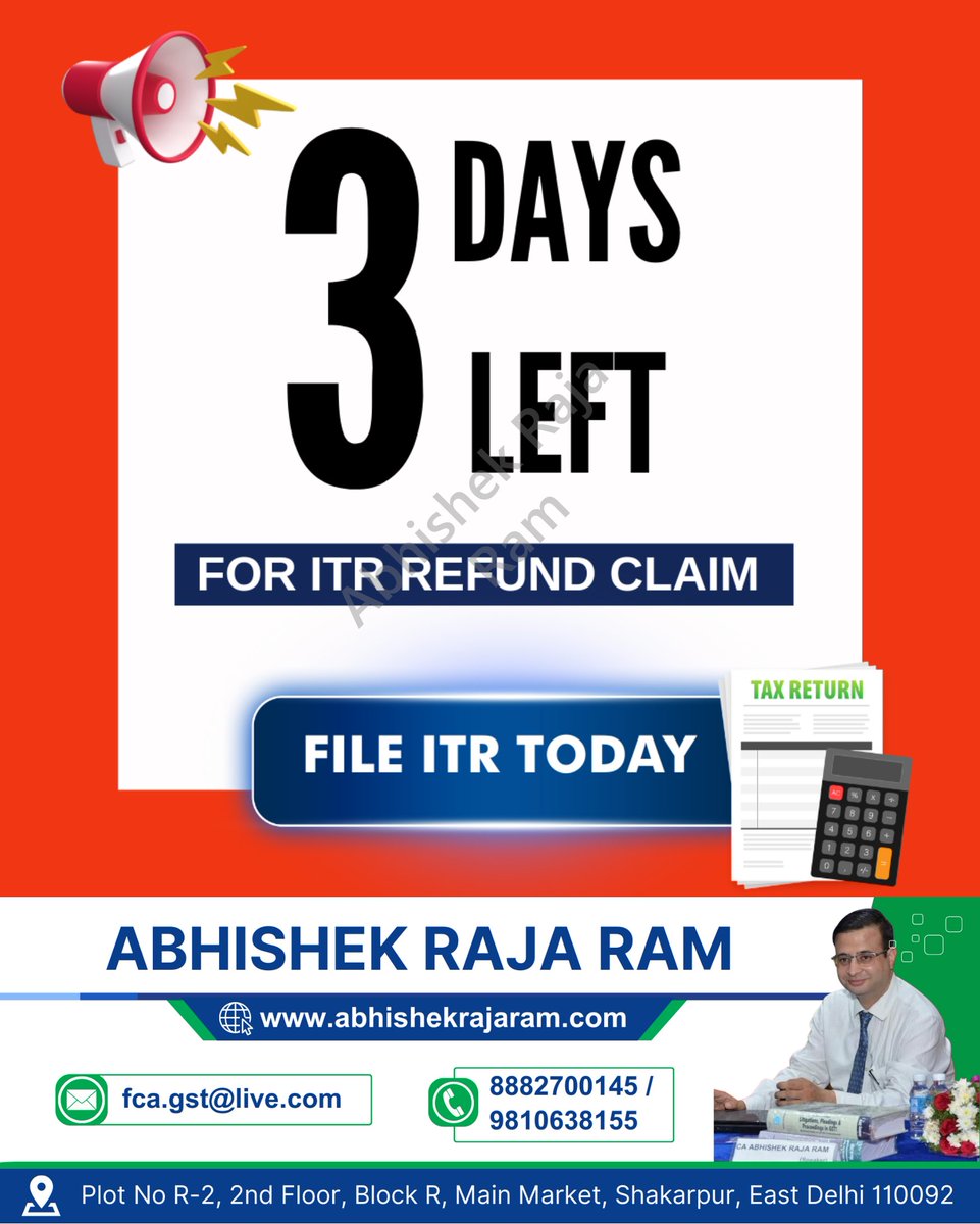 abhishekrajaram's tweet image. 3 DAYS LEFT FOR ITR REFUND CLAIM
FILE ITR TODAY

 #FileITR #ITRRefund #TaxRefund #IncomeTax #TaxFiling #TaxSeason #TaxReturn