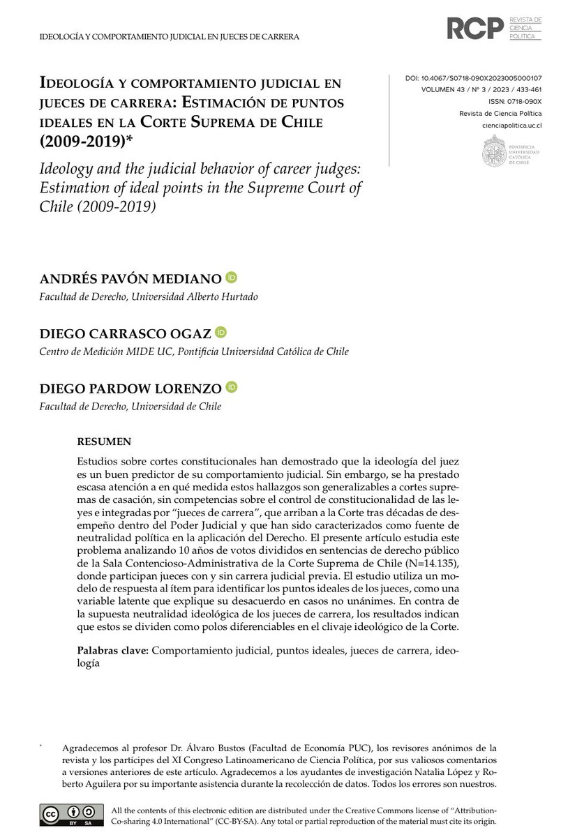 rcp_journal's tweet photo. ✅Vol. 43 Núm 3. (2023)

✔️Ideología y comportamiento judicial en jueces de carrera: Estimación de puntos ideales en la Corte Suprema de Chile (2009-2019)

▶️Autoría: Andrés Pavón Mediano, Diego Carrasco Ogaz, Diego Pardow Lorenzo

Disponible en https://t.co/Uq1icYApo0 https://t.co/HZ1N8CSooJ