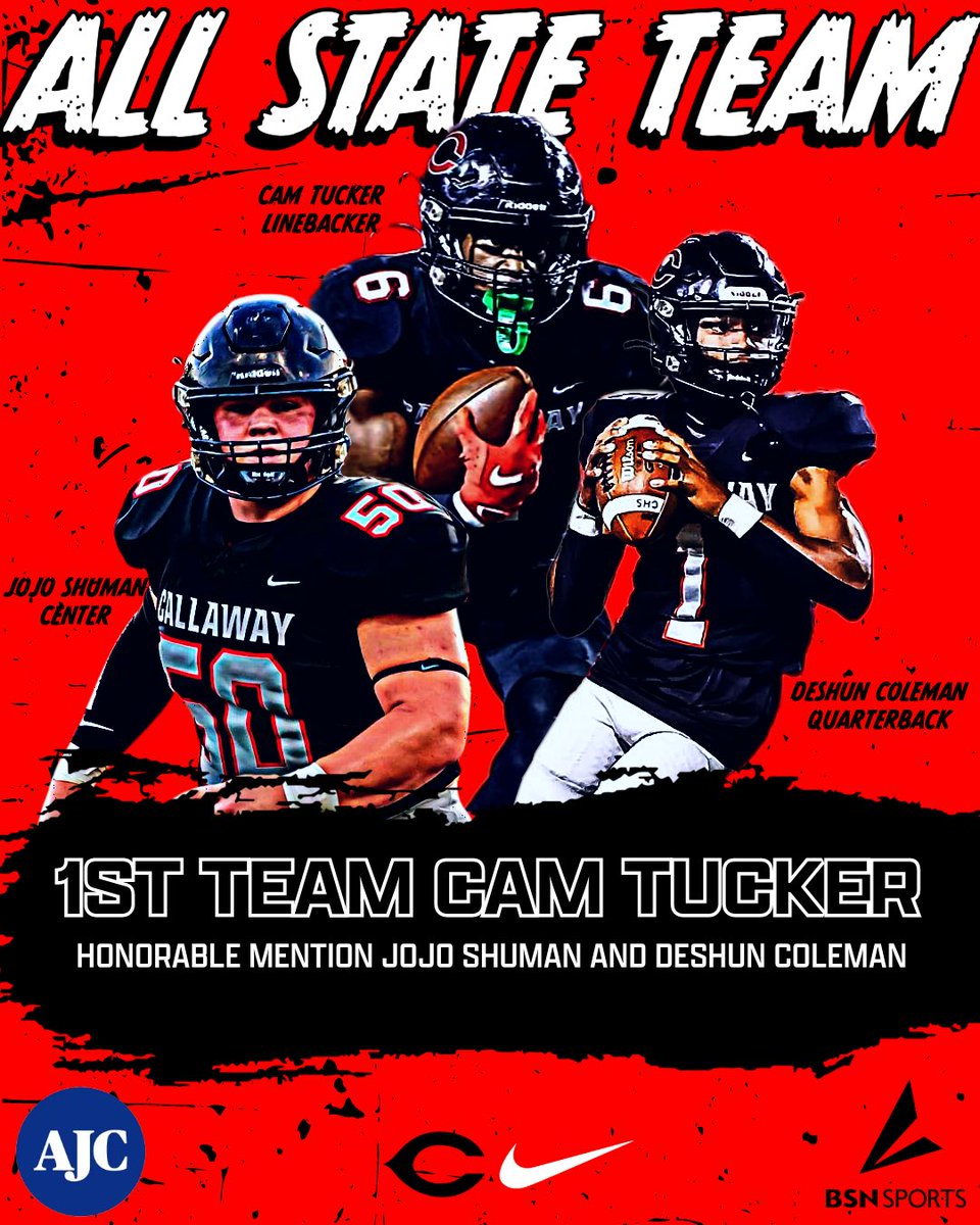 𝓐𝓙𝓒 𝓐𝓵𝓵-𝓢𝓽𝓪𝓽𝓮 𝓣𝓮𝓪𝓶 🏅

Congratulations to our players who were named to the Atlanta Journal Constitution GHSA Class AA All-State Team! 🔴⚫️ <a href="/AJCsports/">AJC Sports</a> 

1st Team: Cam Tucker
HM: DeShun Coleman &amp; Jojo Shuman.