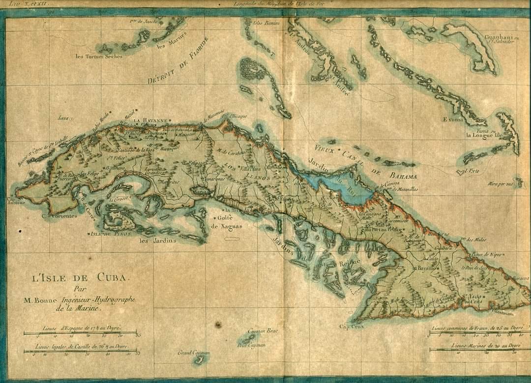 Terminar en estos días en la @BiblioNacCuba el procesamiento de este mapa francés de 1780, lo tomo como un signo de buenaventura a favor de nuestra isla amada. Mucho agradecemos a Ana M. Muñoz Bachs y a Wilfredo Benítez la donación. L'Isle de Cuba / Bonne, Ch. M. Rigobert.
