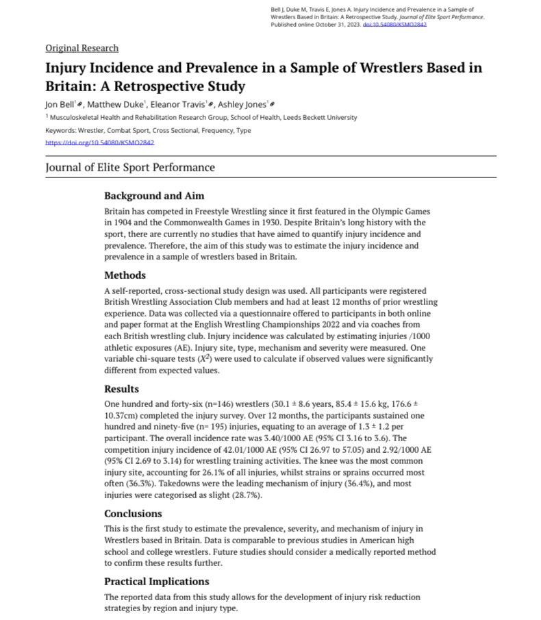 📢🚨🔥NEW ARTICLE!! Bell J, Duke M, Travis E, Jones A. Injury incidence and Prevalence in a Sample of Wrestlers Based in Britain: A Retrospective Study. OPEN ACCESS 👉🏽 journalofelitesportperformance.com/_files/ugd/65e…