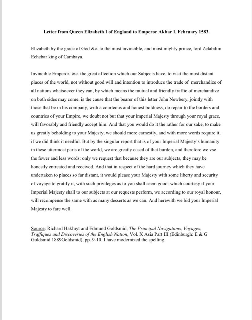 One of the less studied areas of 16th Century history could be #InternationalDiplomacy 

Here’s a letter from the Queen of a tiny kingdom to the ruler of a mighty empire..  Elizabeth I of England to Mughal Emperor Akbar !