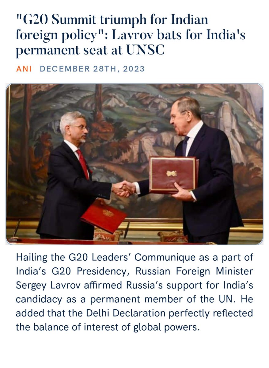"G20 Summit triumph for Indian foreign policy": Lavrov bats for India's permanent seat at UNSC
aninews.in/news/world/eur… via NaMo App