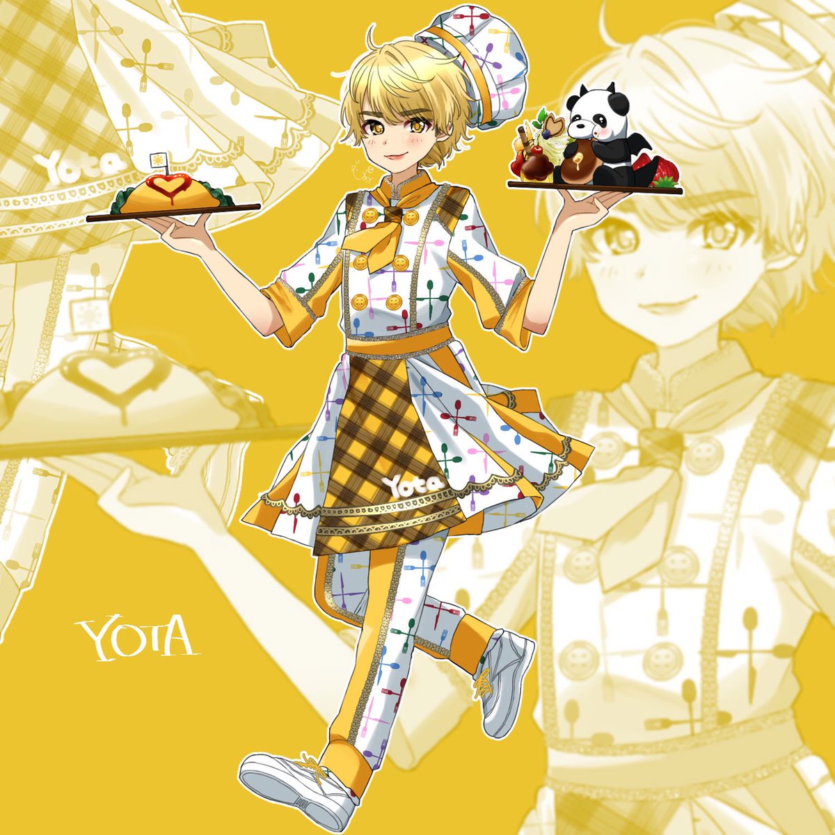 blonde hair food chef yellow eyes zoom layer holding tray hat  illustration images